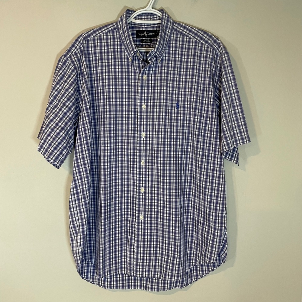 Ralph Lauren Blake Mens L Blue White Plaid Cotton Short Sleeve Button Down Shirt